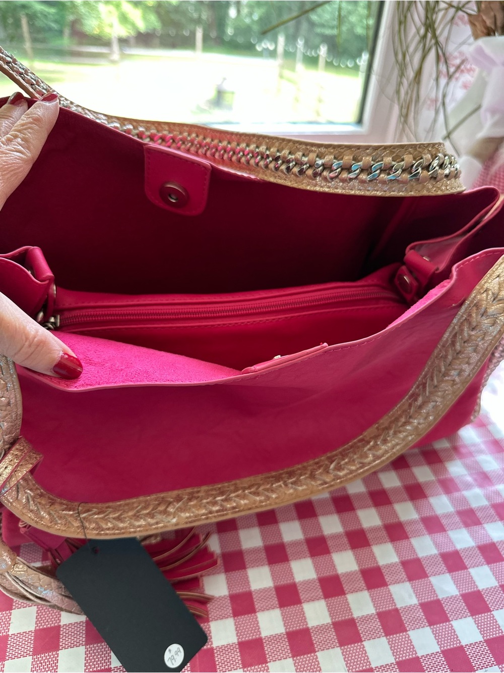 Hot Pink Shoulder Bag with Gold Braided Trim